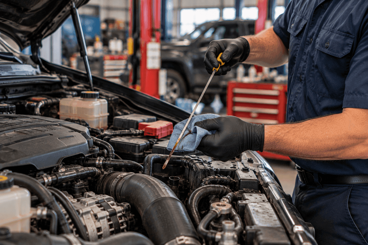 Dealer Solutions Automotive technician in a navy uniform and black gloves checking the engine oil dipstick during routine vehicle maintenance in Huntsville, TX
