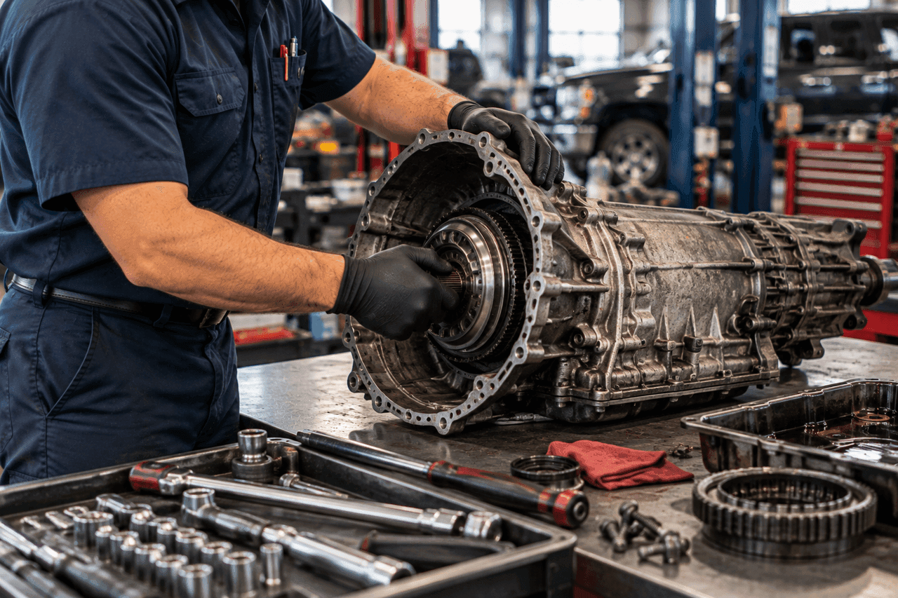 Dealer Solutions Automotive technician in a navy uniform and black gloves inspecting a transmission on a workbench during transmission repair in Huntsville, TX